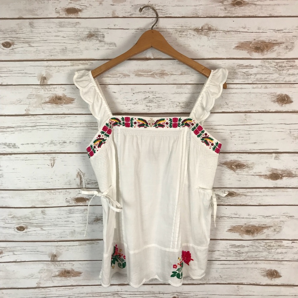 Juicy Couture White Embroidered Ruffle Strap Tank with Pink & Green Accents